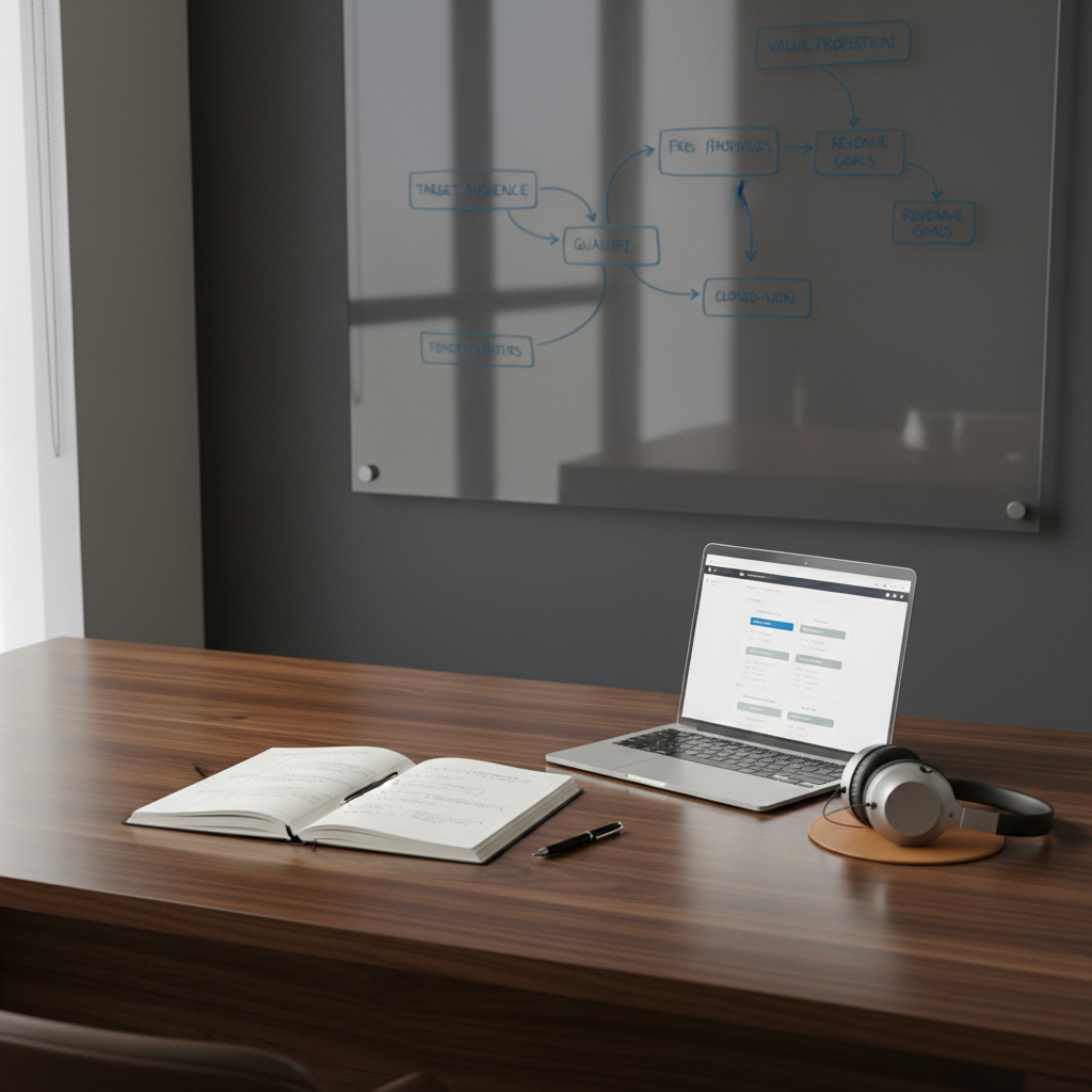 A refined executive workspace featuring a large dark walnut desk with a smooth satin finish, where an open notebook lies filled with precise, structured sales coaching frameworks in neat handwriting. Beside it rests a slim silver laptop showing a clean, minimalist CRM interface, and a pair of high-quality noise-cancelling headphones folded on a leather coaster. Behind the desk, a matte charcoal wall holds an elegant whiteboard with strategic sales diagrams and arrows drawn in muted blue markers. Soft, diffused afternoon light from a side window creates gentle gradients on the wood and metal surfaces. Photographic realism, captured from a slightly elevated three-quarter angle, with balanced composition and crisp focus, evoking a mood of concentration, sophistication, and strategic reflection.