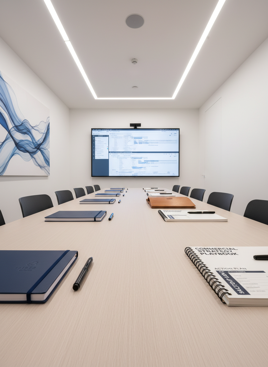 An elegant training environment with a long, minimalist conference table in light ash wood, each place set with a refined coaching kit: a navy Moleskine-style notebook, a fine black rollerball pen, and a printed sales playbook with clean typography and structured sections. At the far end of the table, a large screen shows a detailed commercial action plan timeline in subtle blues and greys. The walls are pure white with a single abstract artwork hinting at upward growth lines. Soft overhead LED lighting and indirect wall lights create a bright yet gentle ambiance. Photographic realism, captured from the table’s edge at low angle, drawing the eye along the line of materials, conveying a mood of organized learning, high standards, and pragmatic efficiency.